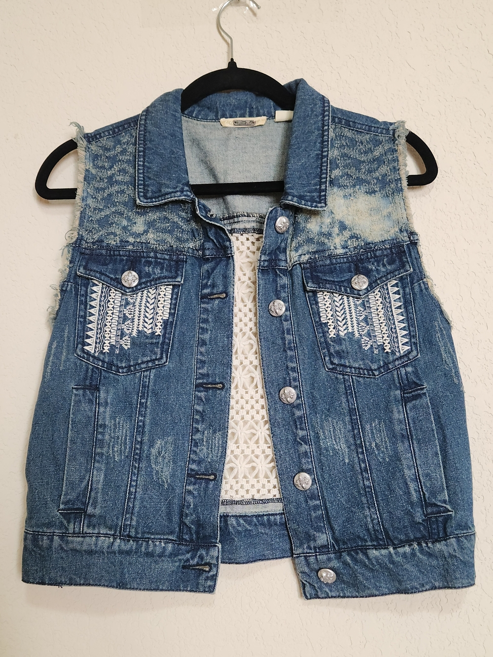 Miss Me Distressed Denim Vest With Crochet Embroidered Accent